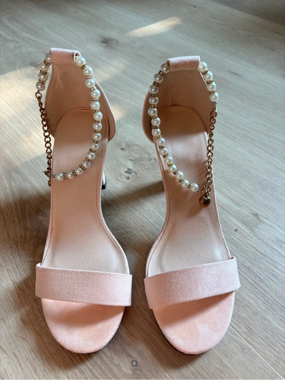Women's Blush Pink Pearl-Ankle Strap Heels